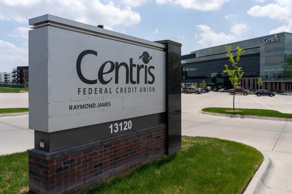 Close up of Centris signage, representing the Centris Federal Credit Union settlement.