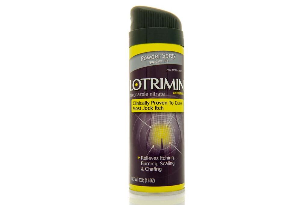 Product photo of Lotrimin spray, representing the Lotrimin and Tinactin benzene class action.