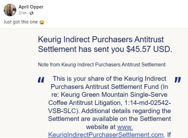 Keurig FB 8-25-23 settlement checks