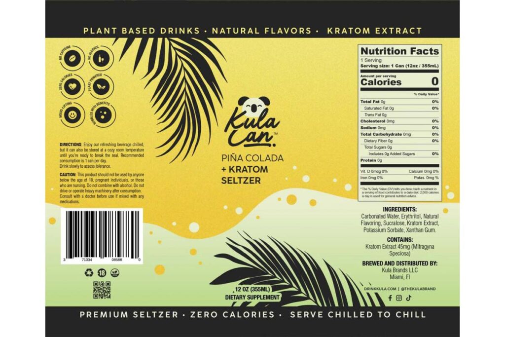 Product label for recalled seltzer by Kula Brands, representing the Kula seltzer recall.
