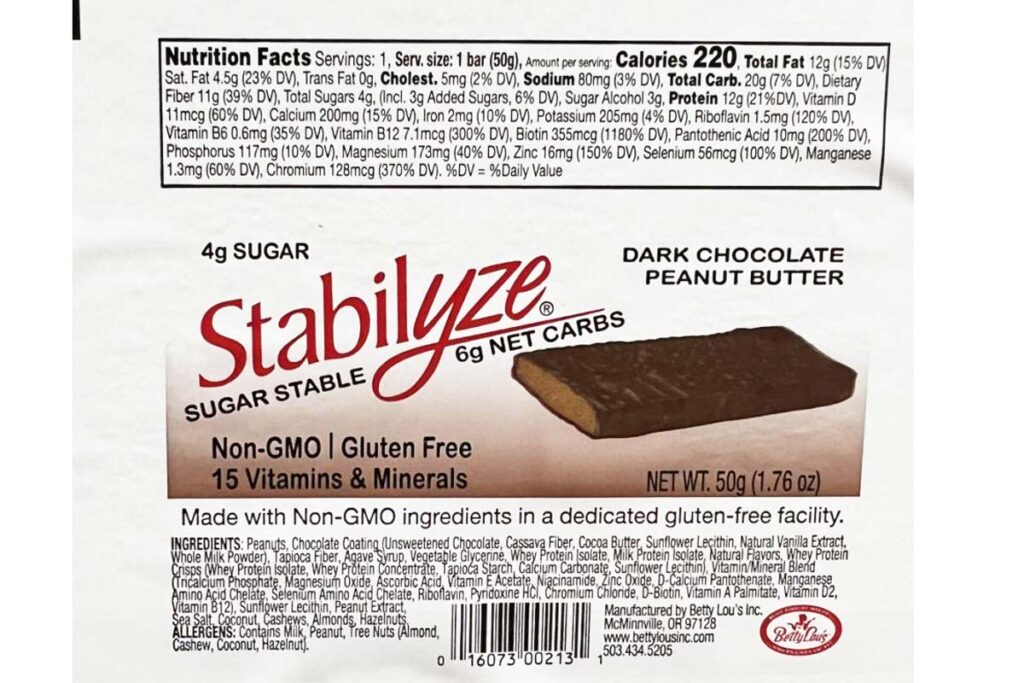Product label of recalled nutrition bar by Betty Lou, representing the Betty Lou's nutrition bar recall.
