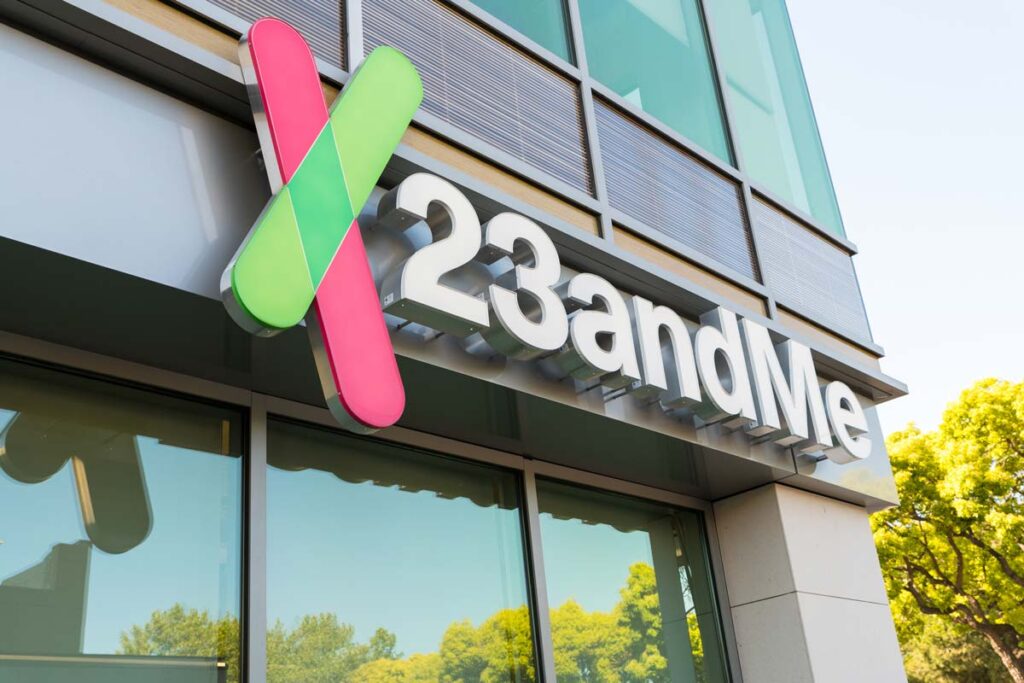 Close up of 23 & Me signage, representing the 23andMe data breach class action.