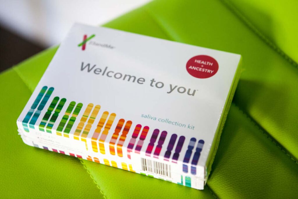 Close up of 23 & Me saliva collection kit, representing the 23andMe data breach.