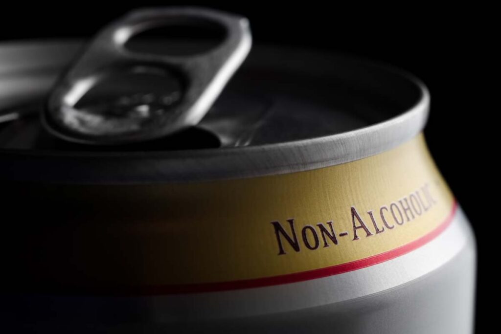 Close up of non-alcoholic label on a beverage can, representing nonalcoholic adult beverages.