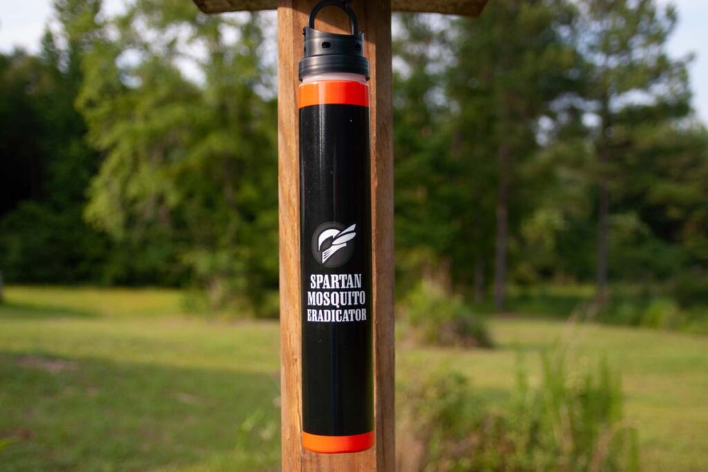 Close up of a Spartan Mosquito Eradicator in action, representing the Sparan Mosquito settlement.