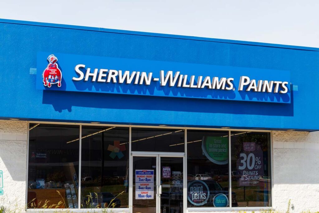 Exterior of a Sherwin-Williams Paints store, representing the Sherwin-Williams settlement.