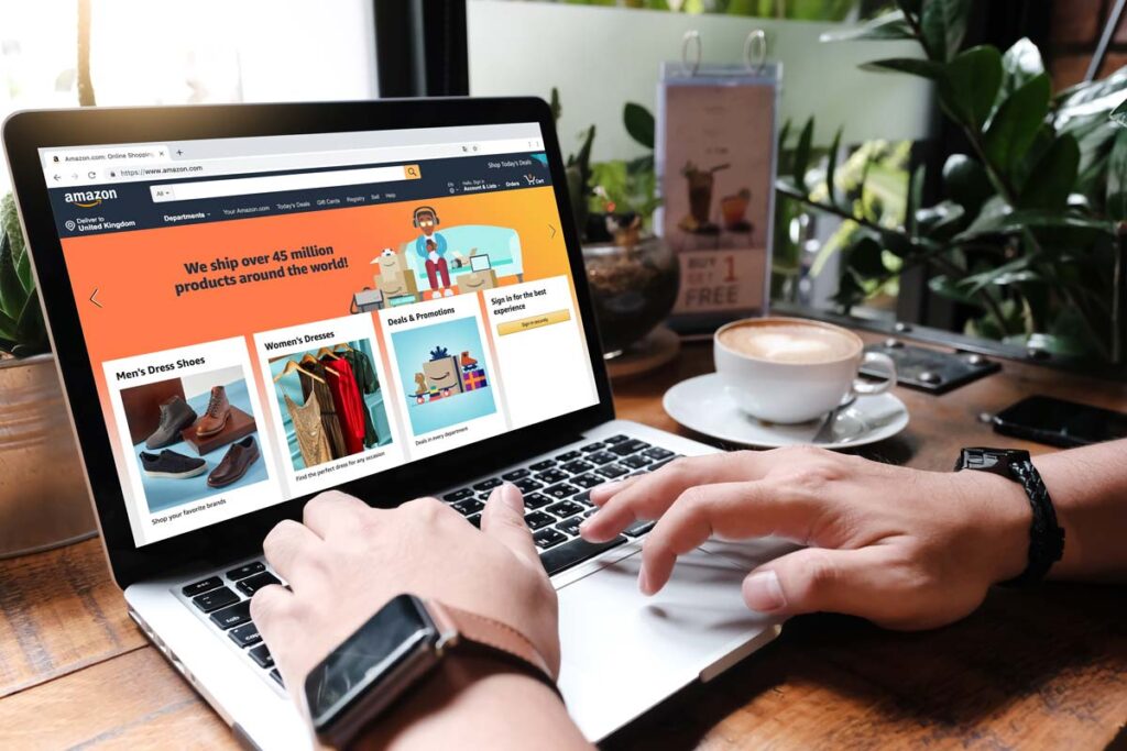Amazon homepage displayed on a laptop screen, representing the Amazon Happy Belly class action.