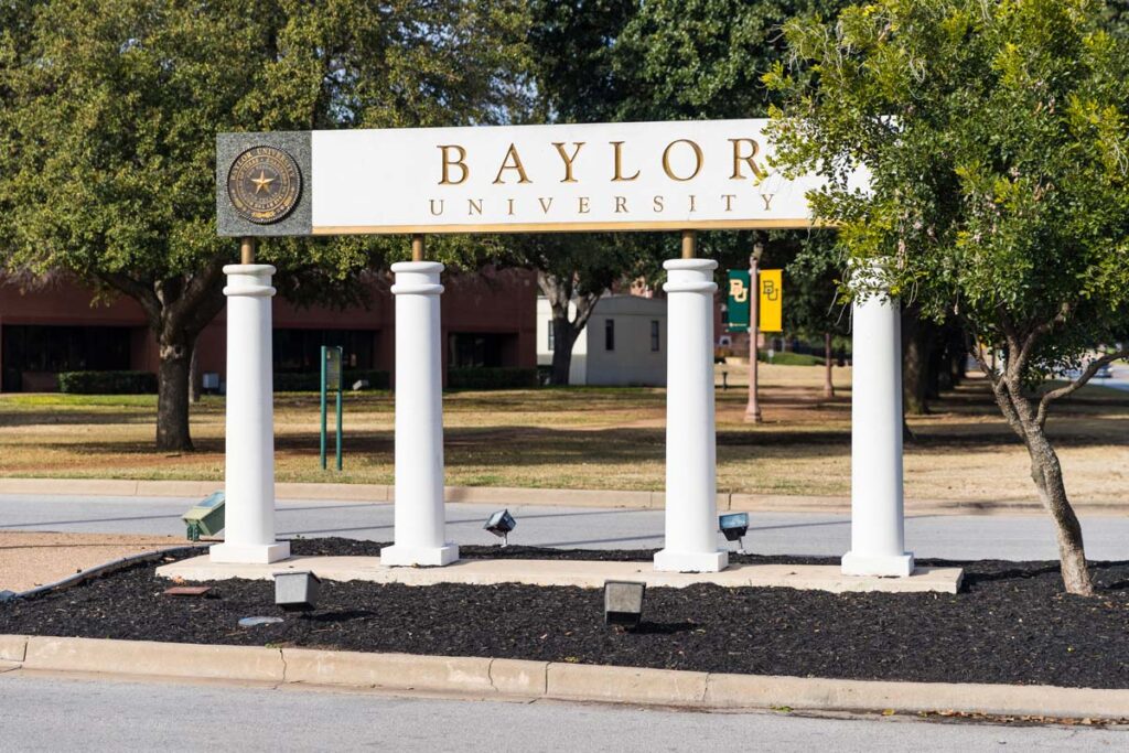 Close up of Baylor University signage, representing the Baylor University sexual harassment verdict.