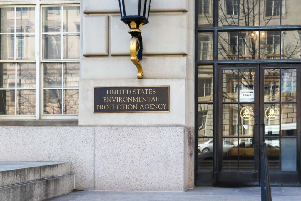 Close up of the U.S. Environmental Protection Agency building entrance, representing the final EPA rule on hydrocarbons restriction.