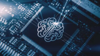 Close up of a brain graphic on a motherboard, AI learning concept, representing the AI class action.