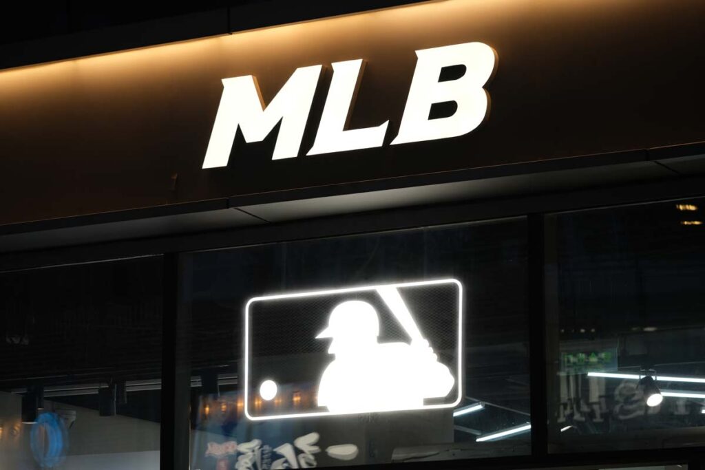 Close up of MLB signage, representing the MLB antitrust filing.
