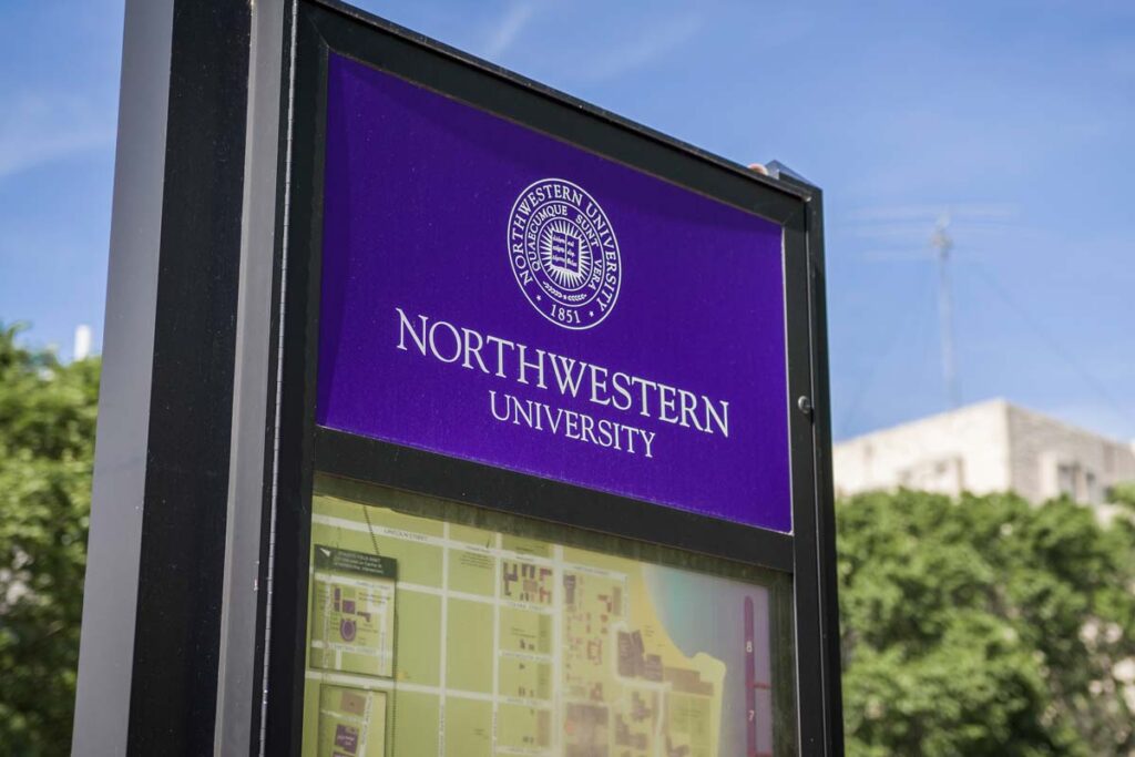 Close up of Northwestern University signage, representing the Northwestern football coach Pat Fitzgerald lawsuit.