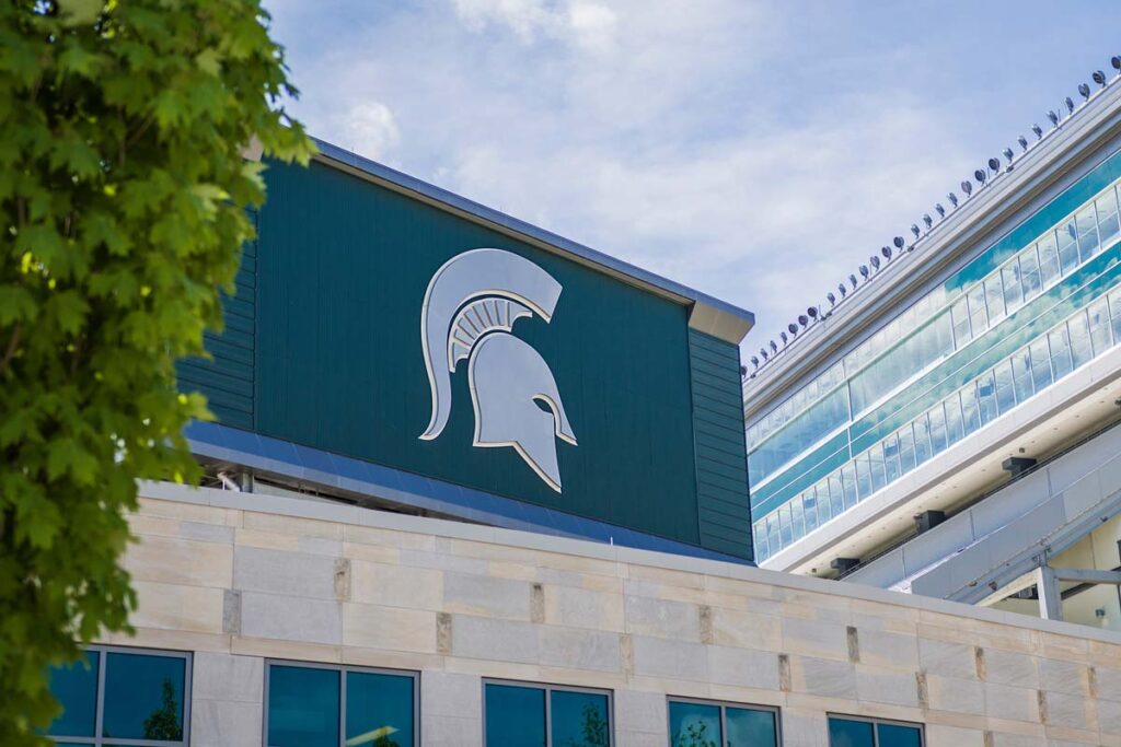 Michigan State Spartan stadium, representing the Michigan State football coach sexual misconduct allegations.