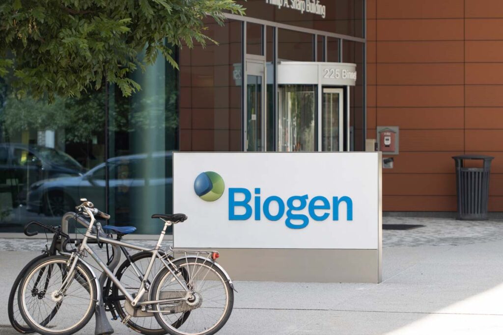 Biogen signage, representing the Biogen 401(k) class action lawsuit settlement.