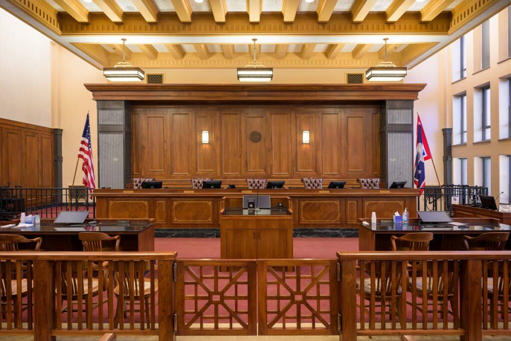 Interior of a courtroom, representing the Bankman-Fried FTX trial.