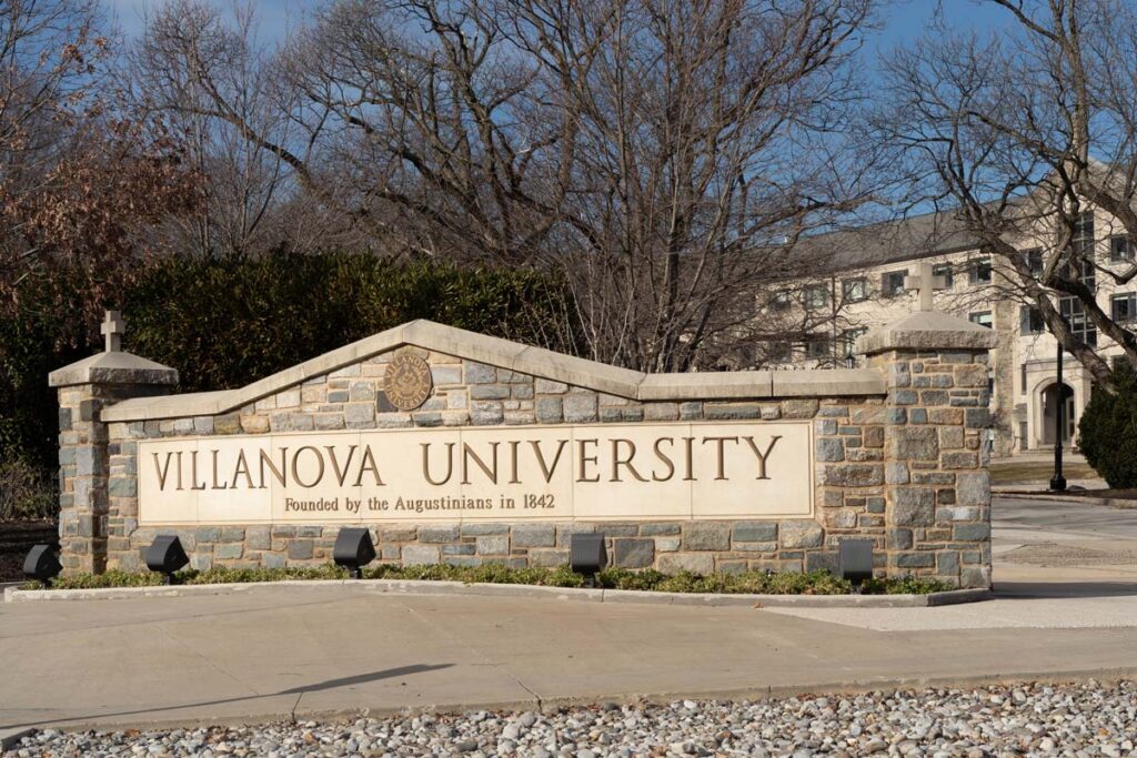 Close up of Villanova University entrance signage, representing the Villanova class action.