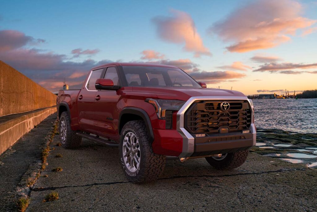 A red Toyota Tundra against a sunset, representing the Toyota Tundra recall.