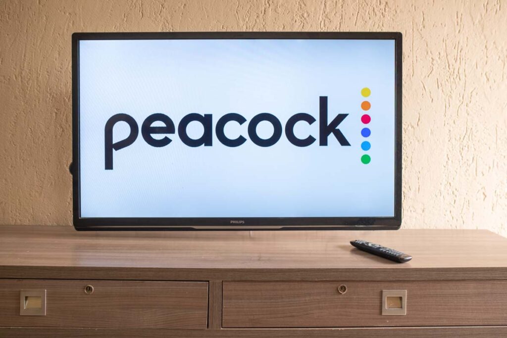 Peacock logo displayed on a television, representing the Peacock class action lawsuit.