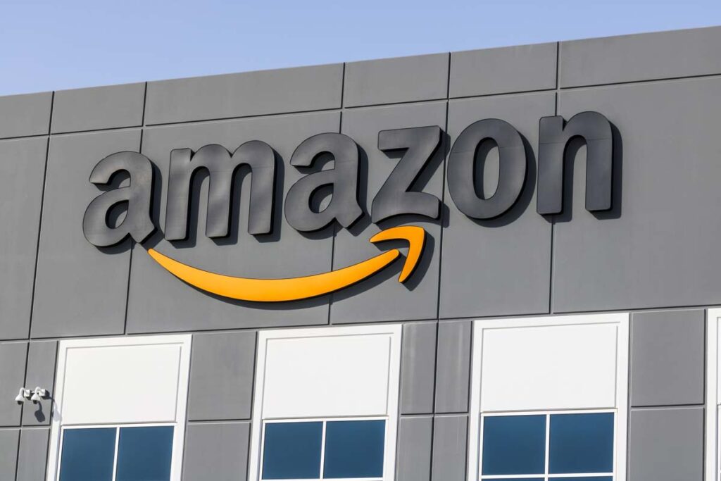 Close up of Amazon signage, representing the Amazon antitrust lawsuit.