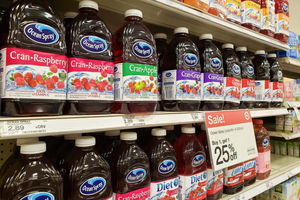 Ocean Spray products on a grocery store shelf, representing the Ocean Spray class action.