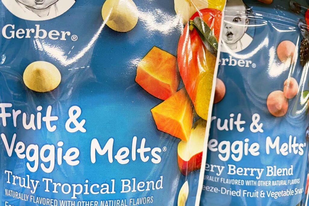 Close up of Gerber Melts products on a grocery store shelf, representing the Gerber class action.