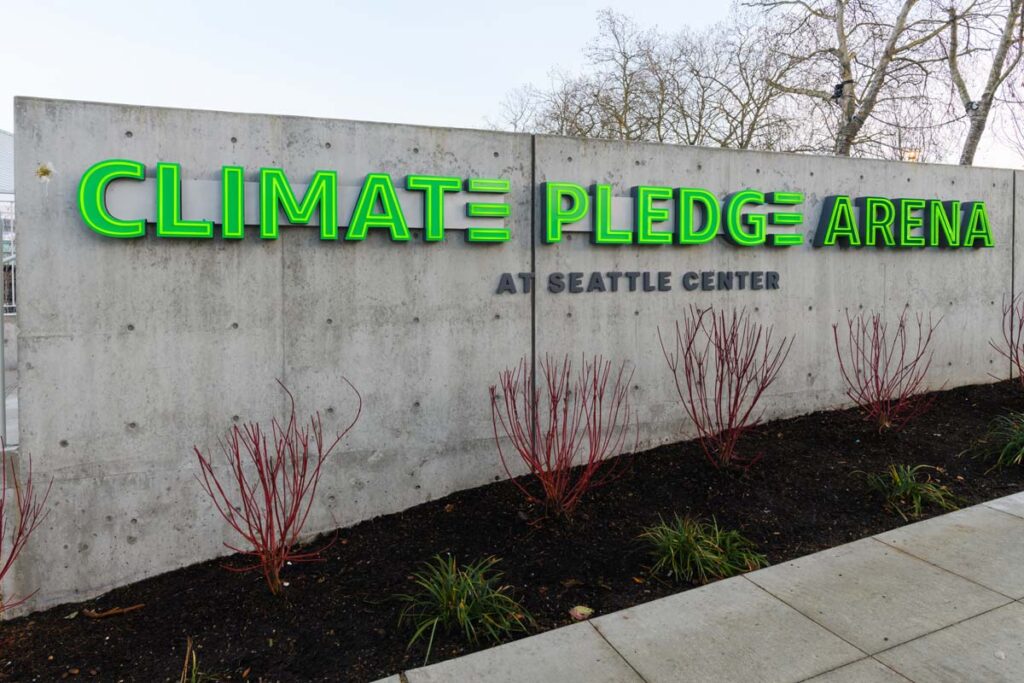 Close up of Climate Pledge Arena signage, representing the Seattle Climate Pledge Arena class action.