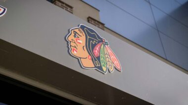 Close up of Chicago Blackhawks logo signage, representing the Chicago Blackhawks sexual assault lawsuit.