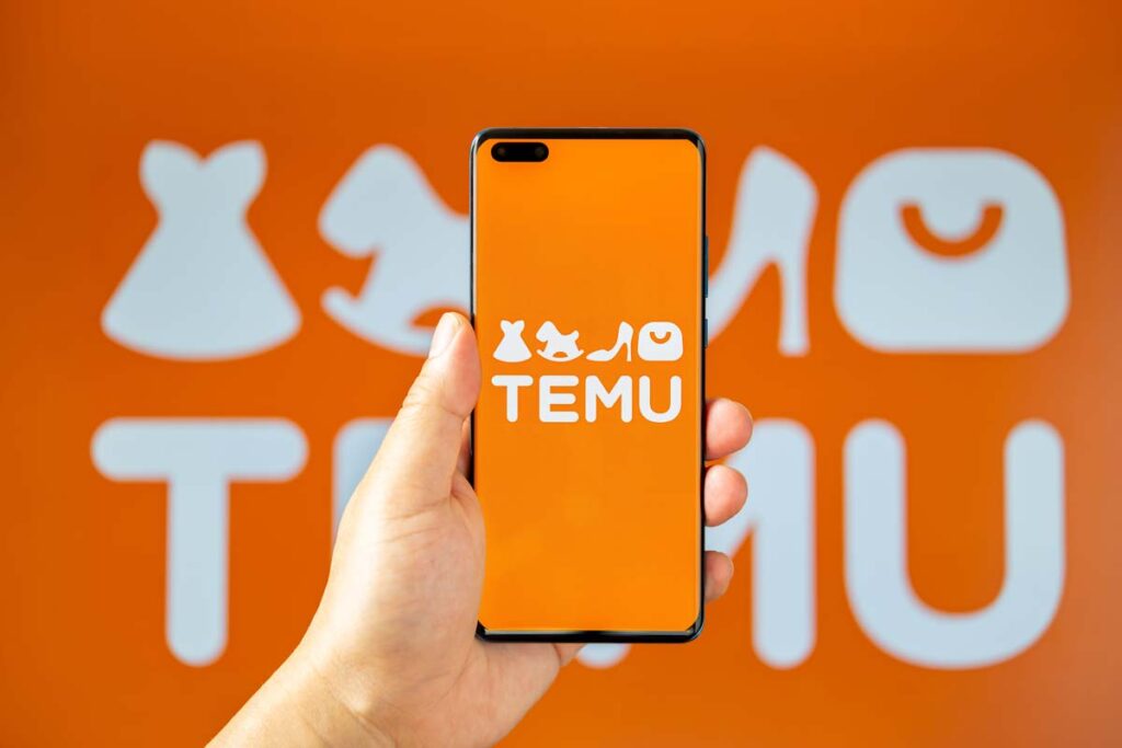 Temu app logo displayed on a smartphone screen with the logo in the background, representing the Temu data privacy class action lawsuit.