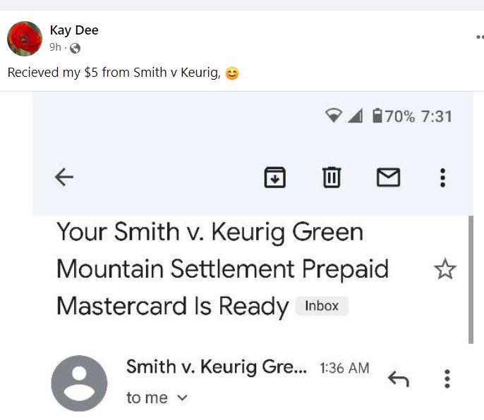 Screenshot: Keurig class action settlement payouts 