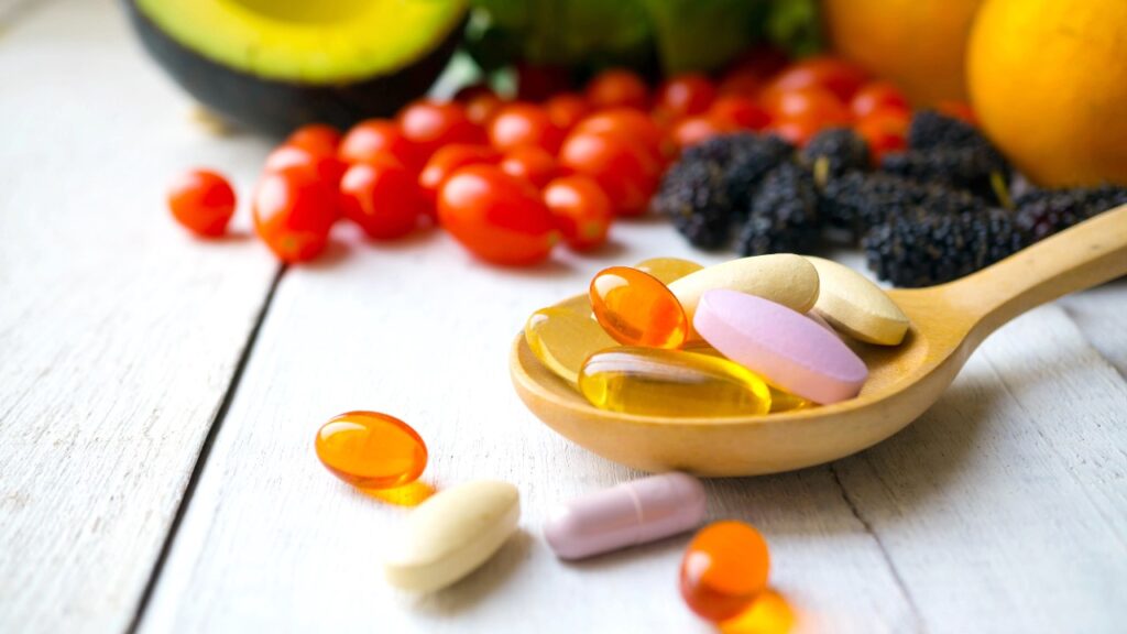 Multivitamins and supplements from fruits concept.
