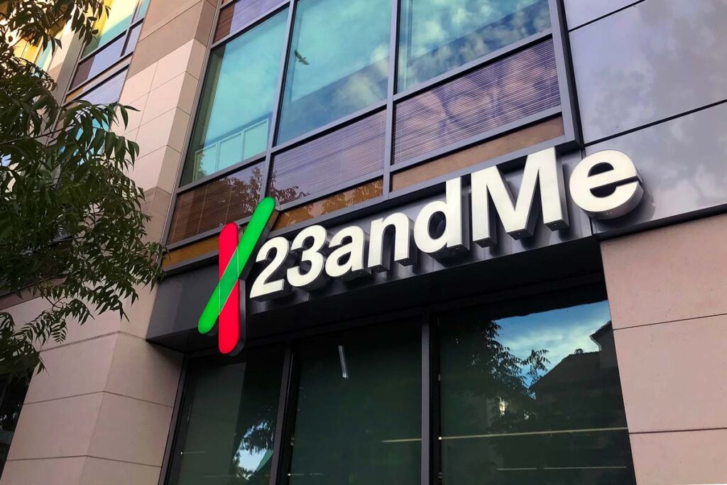 Close up of 23 and Me signage, representing the 23andMe data breach.
