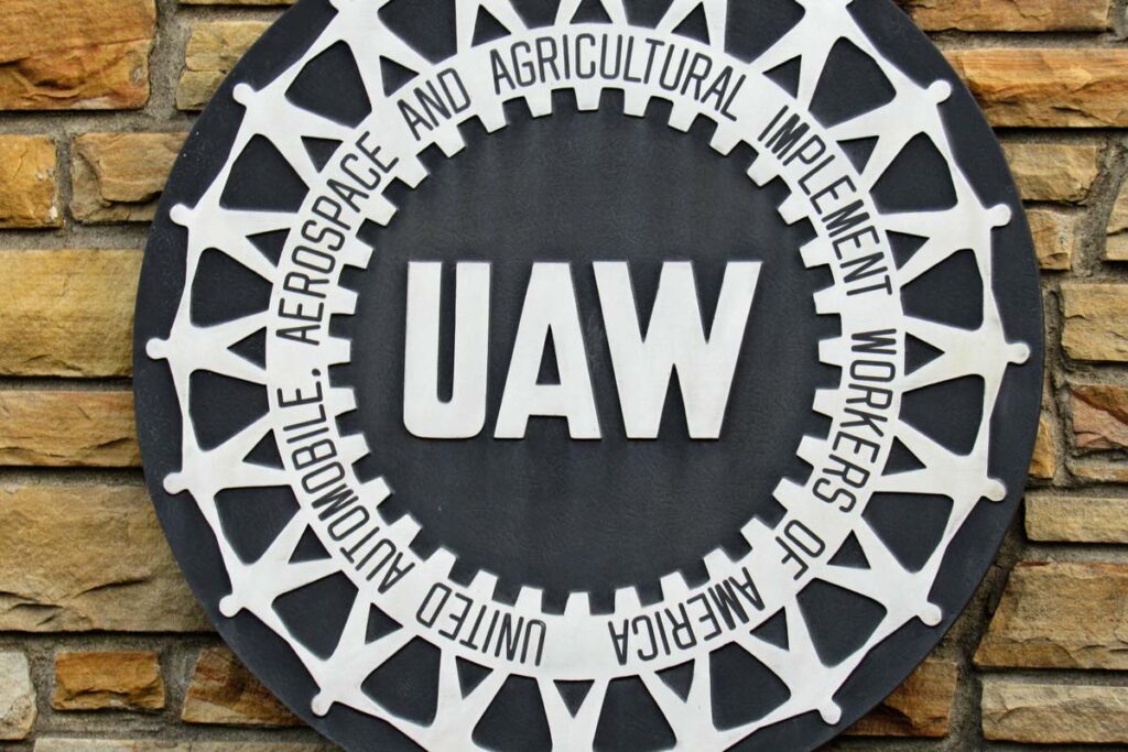 Close up of UAW signage, representing the UAW union efforts.