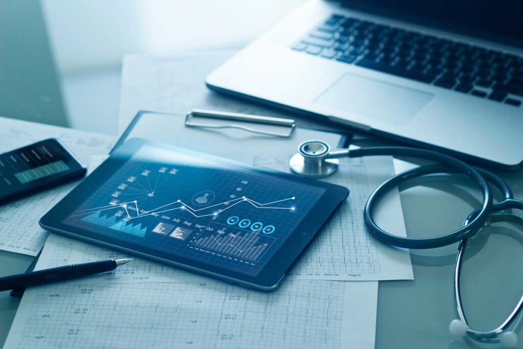Patient data displayed on a tablet next to a stethoscope, representing the ESO Solutions data breach class action lawsuit.