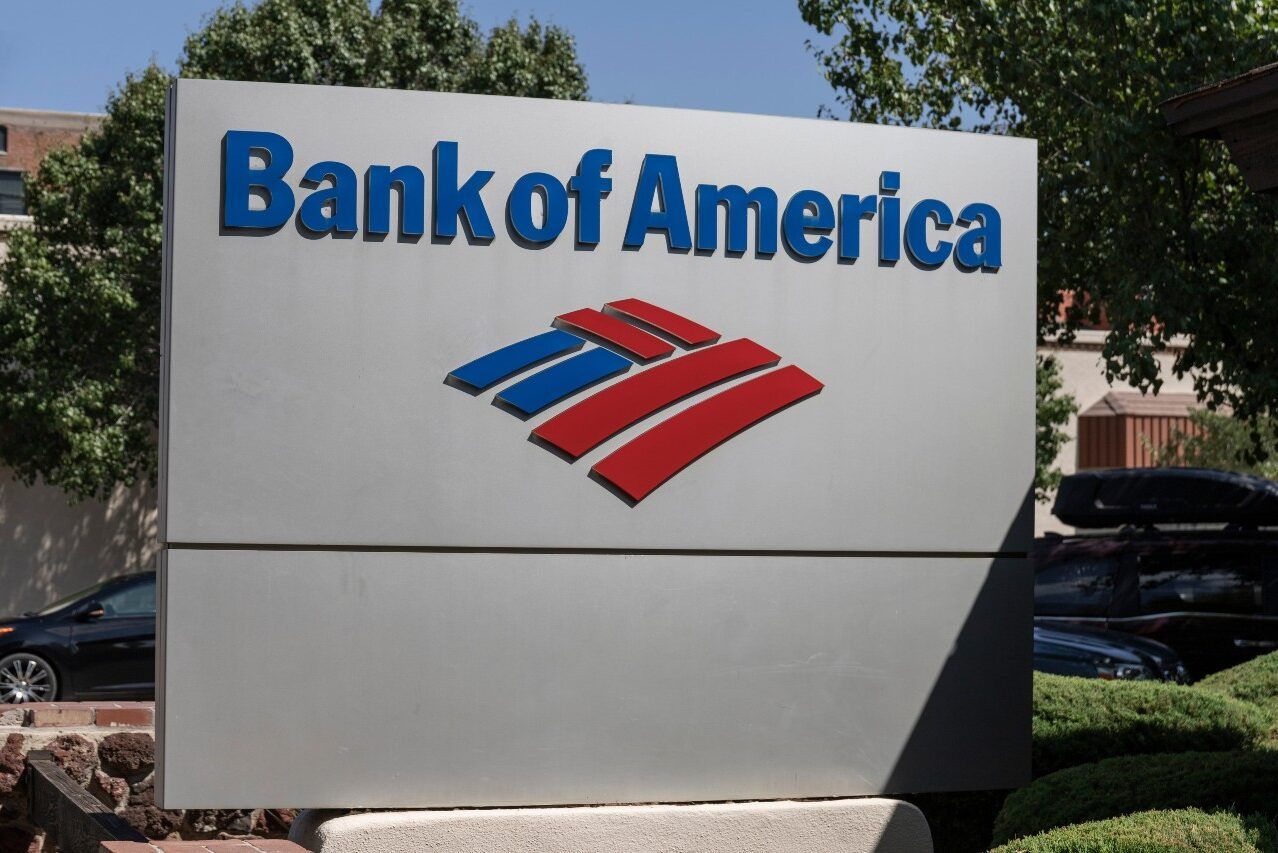 A sign at a Bank of America Bank and Loan banch, representing a fraud class action lawsuit.