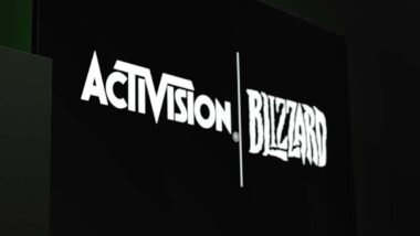 Activision Blizzard logo displayed on a TV screen, representing the Activision Blizzard discrimination settlement.