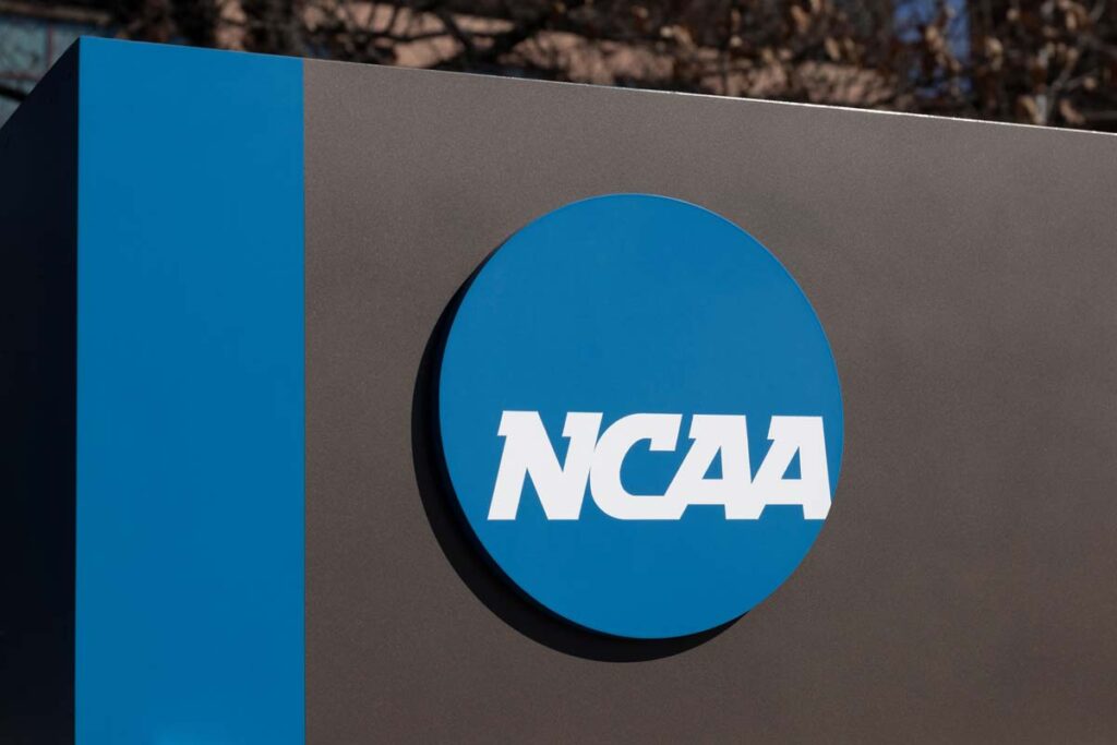 Close up of NCAA signage, representing the NCAA transfer eligibility lawsuit.