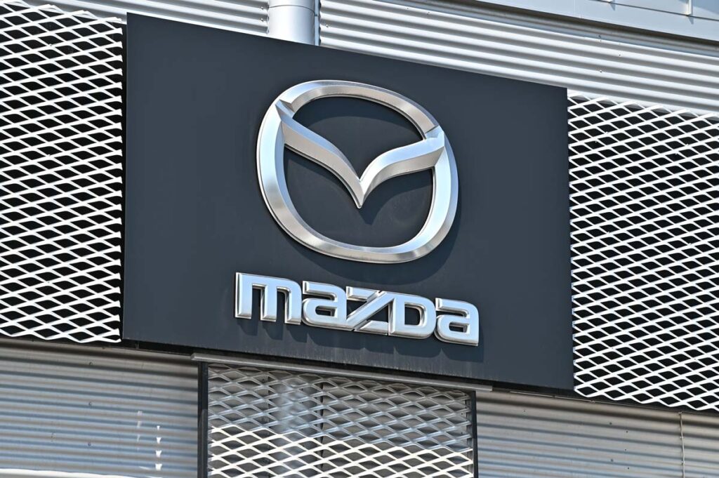 Close up of Mazda signage, representing the Mazda pickups air bags recall.