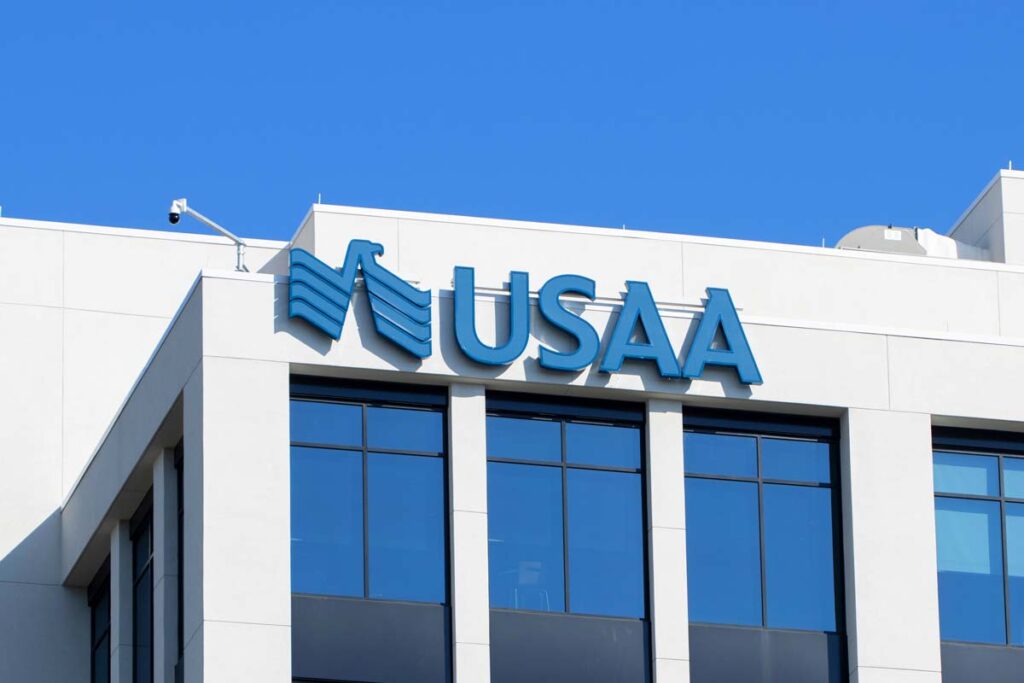 Close up of USAA signage on a building, representing the USAA class action lawsuit.