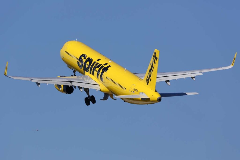 A Spirit Airlines plane in air, representing the Spirit lawsuit.