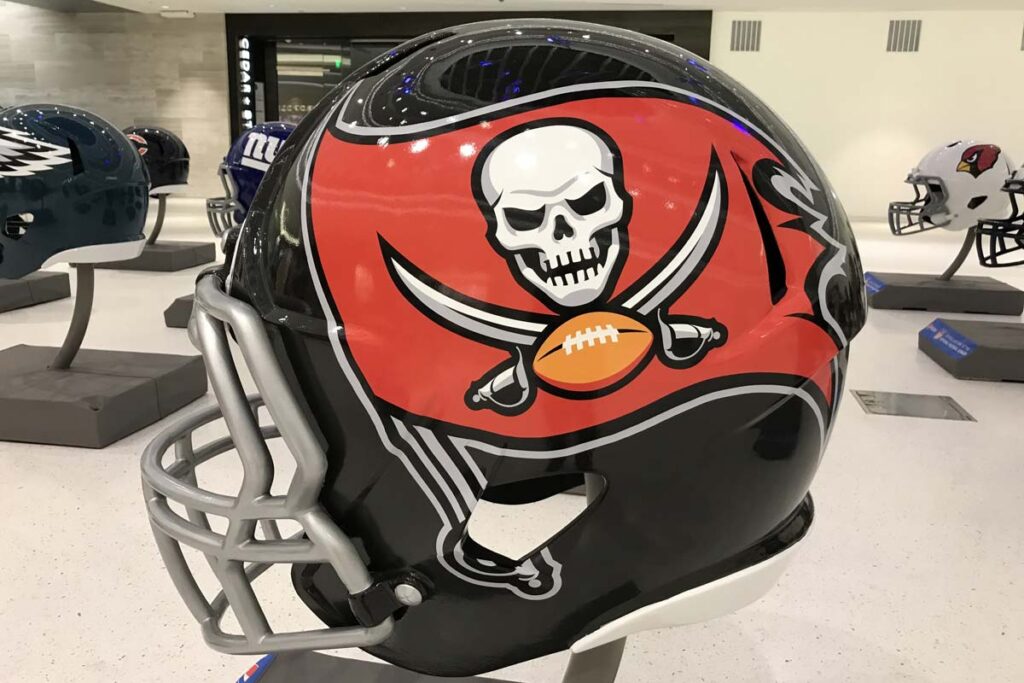 Buccaneers logo on a football helmet, representing the Tampa Bay Buccaneers settlement.
