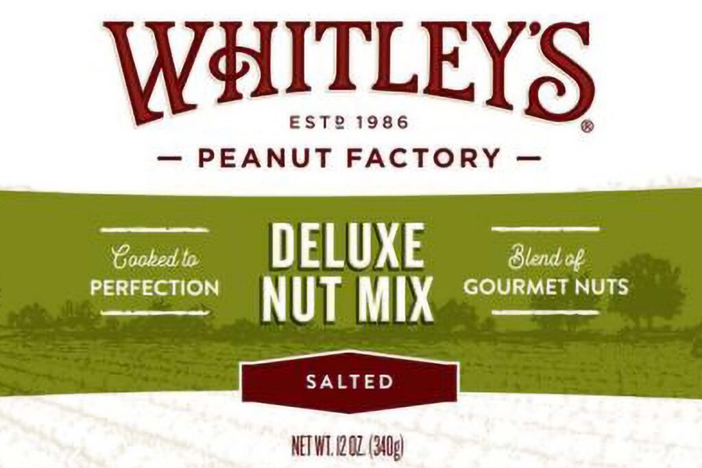 Product label of recalled nuts by Whitleys, representing the Whitley’s Peanut Factory allergy alert.