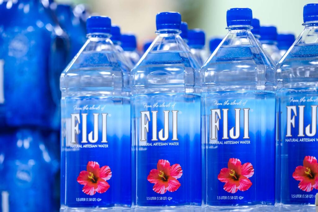 Close up of bottled Fiji water, representing the Fiji water class action.