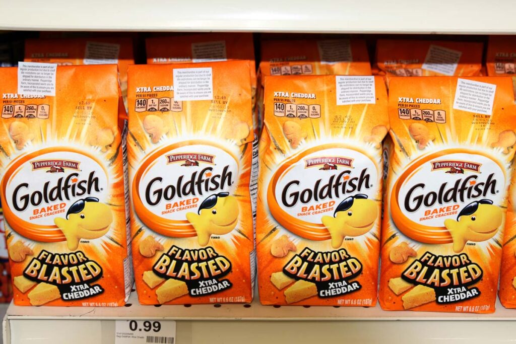 Goldfish Flavor Blasted snacks on a grocery store shelf, representing the Pepperidge Farm Goldfish class action lawsuit.