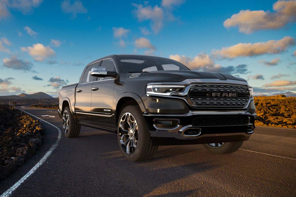 Exterior of a black Dodge Ram, representing the Dodge Ram emissions cheating settlement.