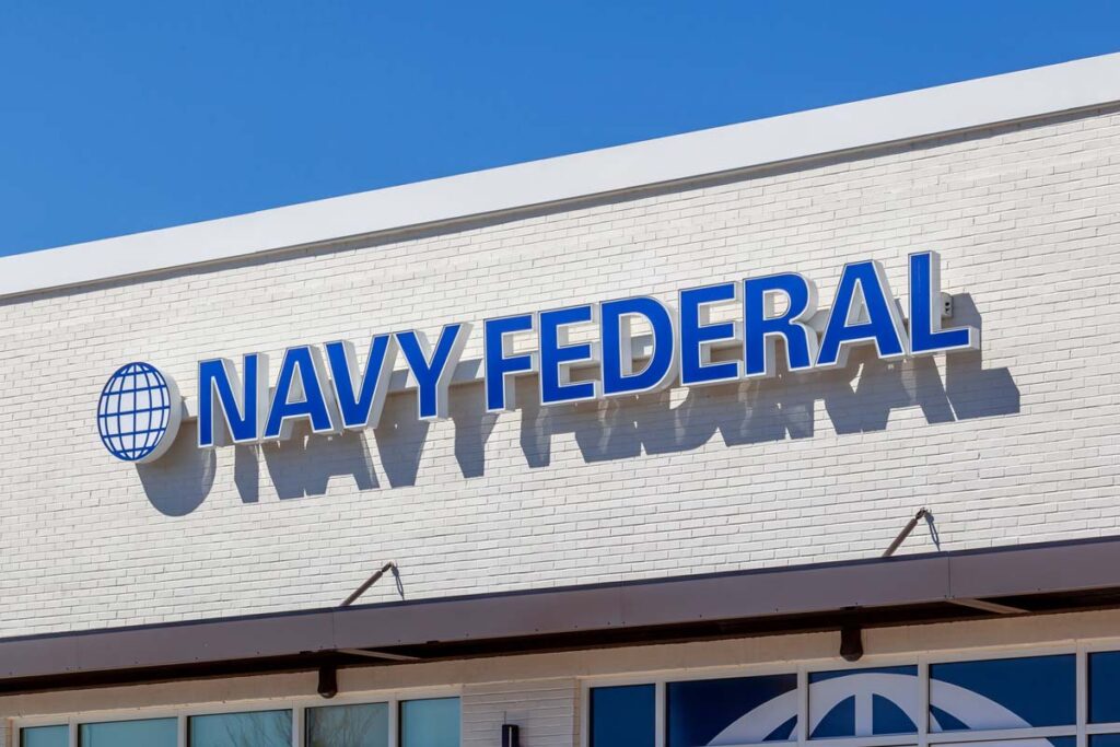 Close up of Navy Federal signage, representing the Navy Federal international service fees class action lawsuit settlement.