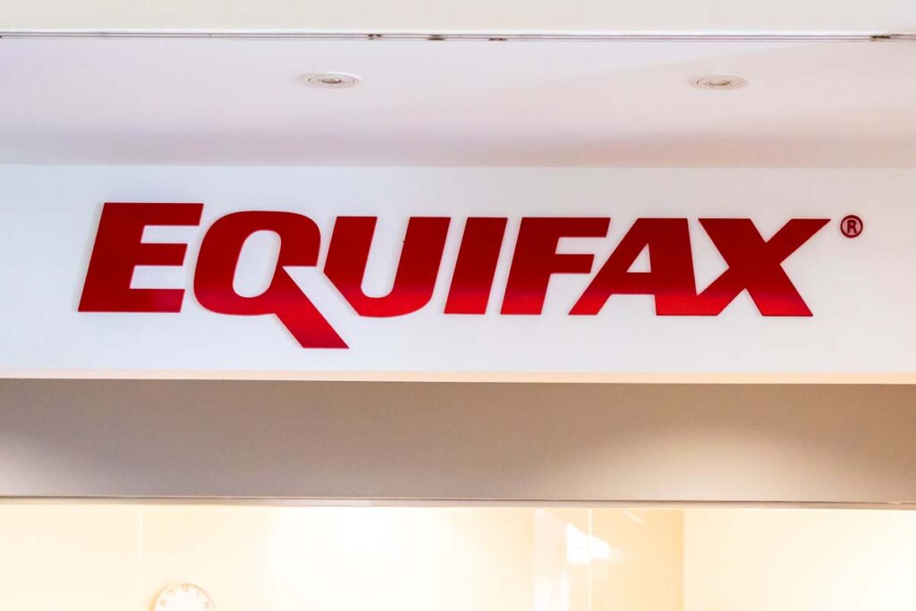 Close up of Equifax signage, representing the Equifax Plain Green, Great Plains Lending or MobiLoans tribal loans credit reporting class action settlement.