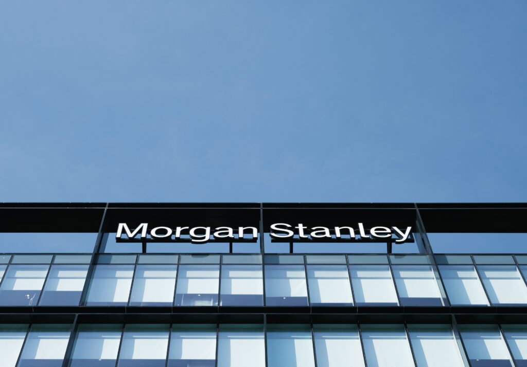 Close up of Morgan Stanley signage, representing the Morgan Stanley block trade penalty.