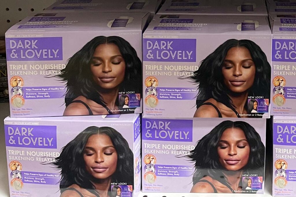 L'Oreal dark & lovely relaxer products on a supermarket shelf, representing the L'Oreal hair relaxers lawsuits.