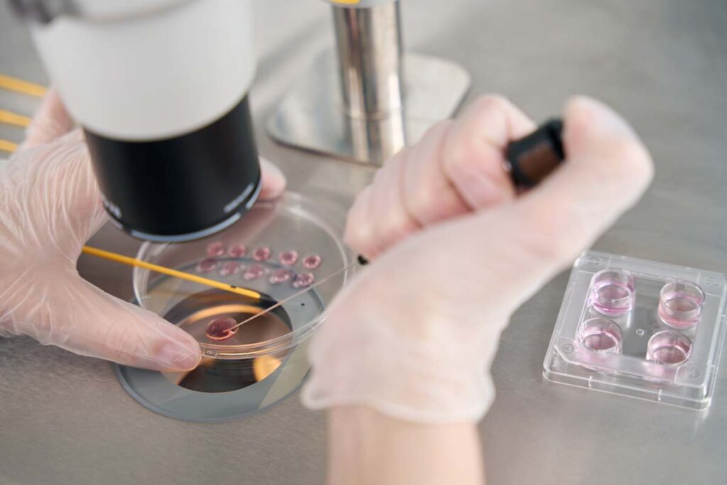 Close up of a lab technician working with embryos, representing the embryo destruction lawsuits.