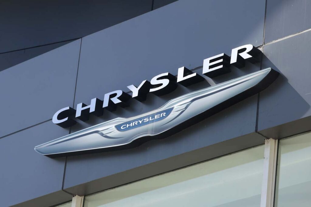 Close up of Chrysler signage, representing the Chrysler headrest trial.
